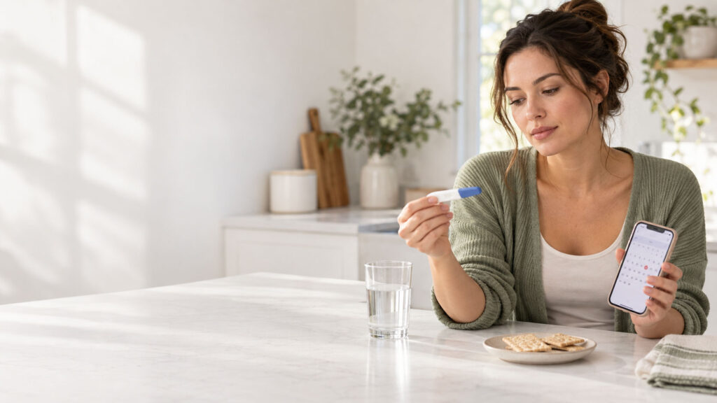 A woman in a green sweater holds a pregnancy test and a phone while sitting at a table with water and crackers.