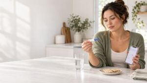 A woman in a green sweater holds a pregnancy test and a phone while sitting at a table with water and crackers.