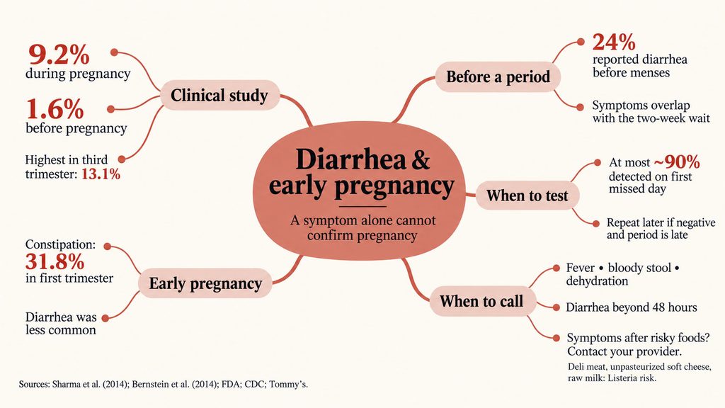 Infographic showing diarrhea statistics during early pregnancy, including percentages and symptoms before a period.