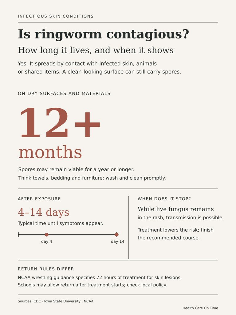 Infographic explaining ringworm contagion, lifespan, and symptoms with timelines and guidelines.