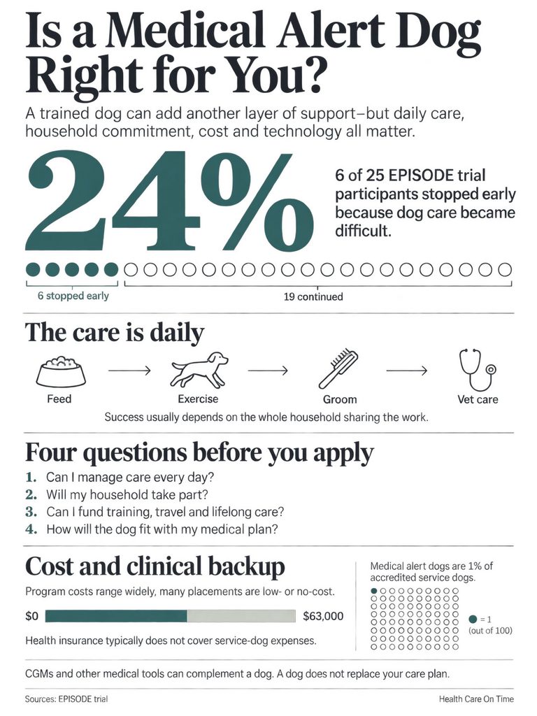 Infographic discussing medical alert dogs, showing statistics, care requirements, and cost considerations.