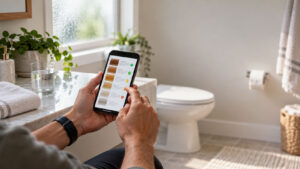 A person holds a smartphone displaying color options in a bright bathroom with plants and a toilet nearby.