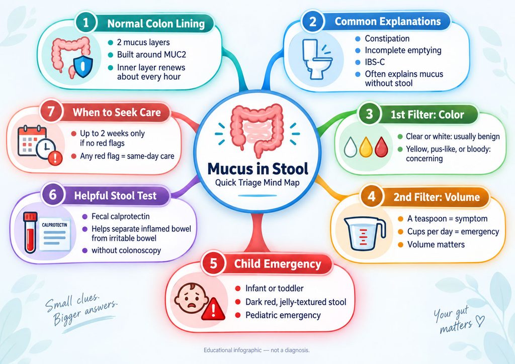 Infographic illustrating mucus in stool with sections on normal colon lining, explanations, filters, and emergencies.