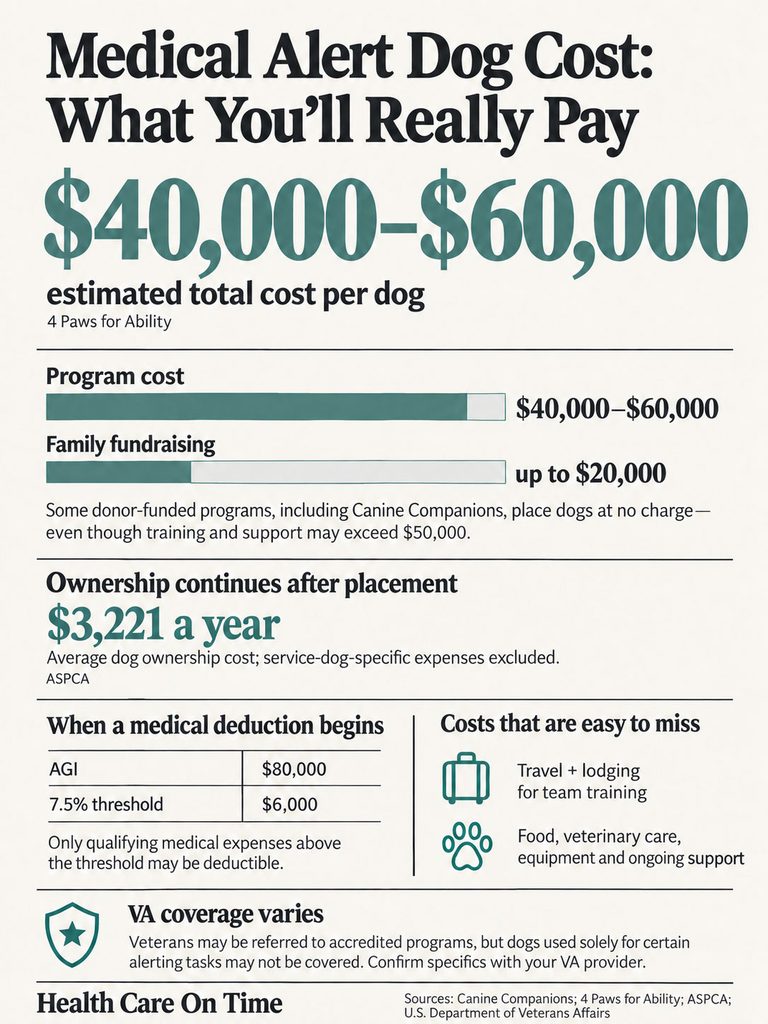 Infographic detailing medical alert dog costs, including program costs and ownership expenses.