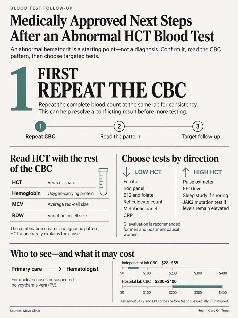 Infographic detailing steps after abnormal HCT blood test, including CBC repeat and follow-up tests.