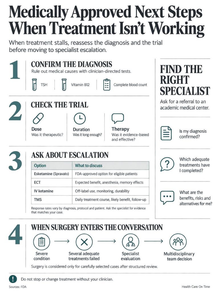 Infographic outlining steps when treatment fails, including diagnosis confirmation, trial checks, escalation options, and surgery discussions.