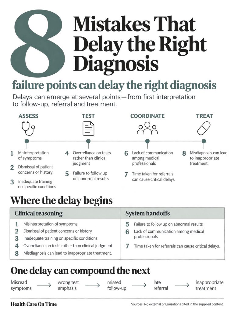 Infographic showing 8 mistakes that delay the right diagnosis, including misinterpretation and misdiagnosis.