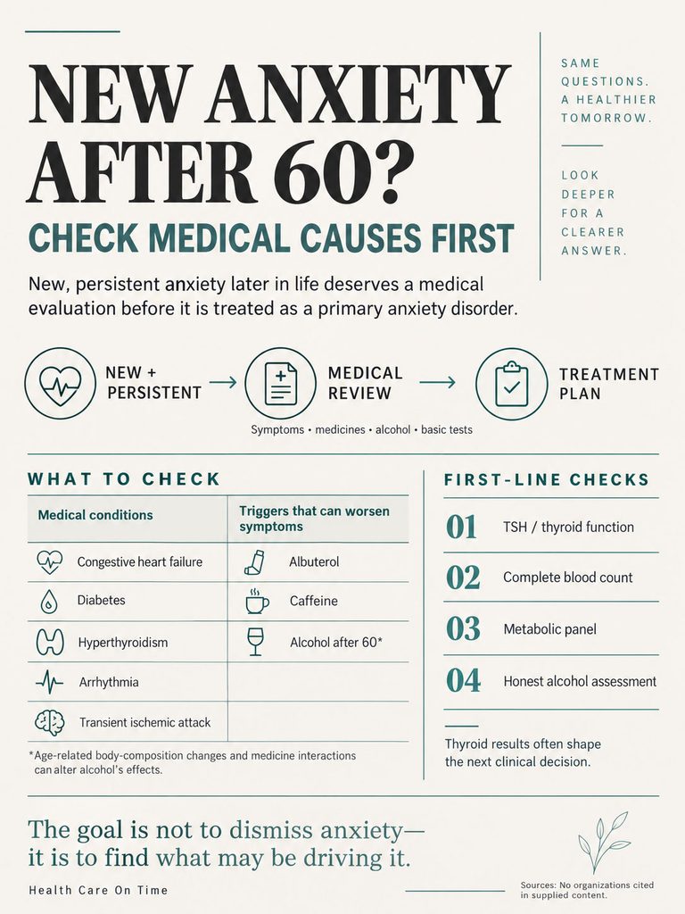 Infographic detailing medical causes of new anxiety after 60, including symptoms, triggers, and first-line checks.
