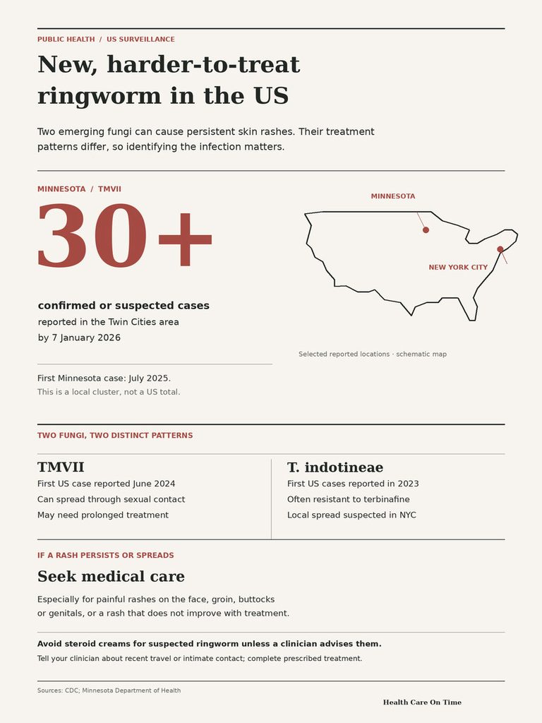 Infographic showing new ringworm cases in the US, highlighting Minnesota and NYC with statistics and treatment info.