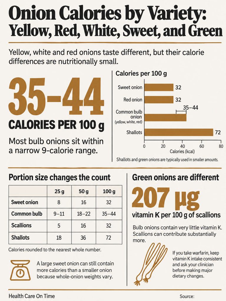 Infographic showing onion calories by variety, including sweet, red, white, and green onions with charts and data.