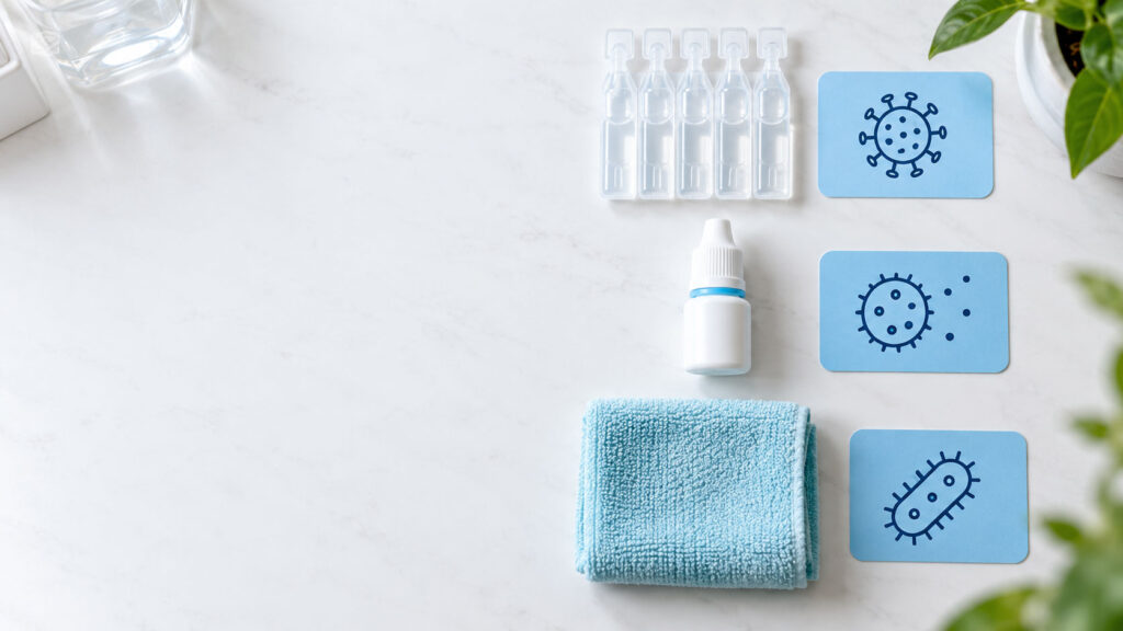 A flat lay of a blue towel, a dropper bottle, and cards with virus illustrations on a marble surface.