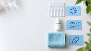 A flat lay of a blue towel, a dropper bottle, and cards with virus illustrations on a marble surface.