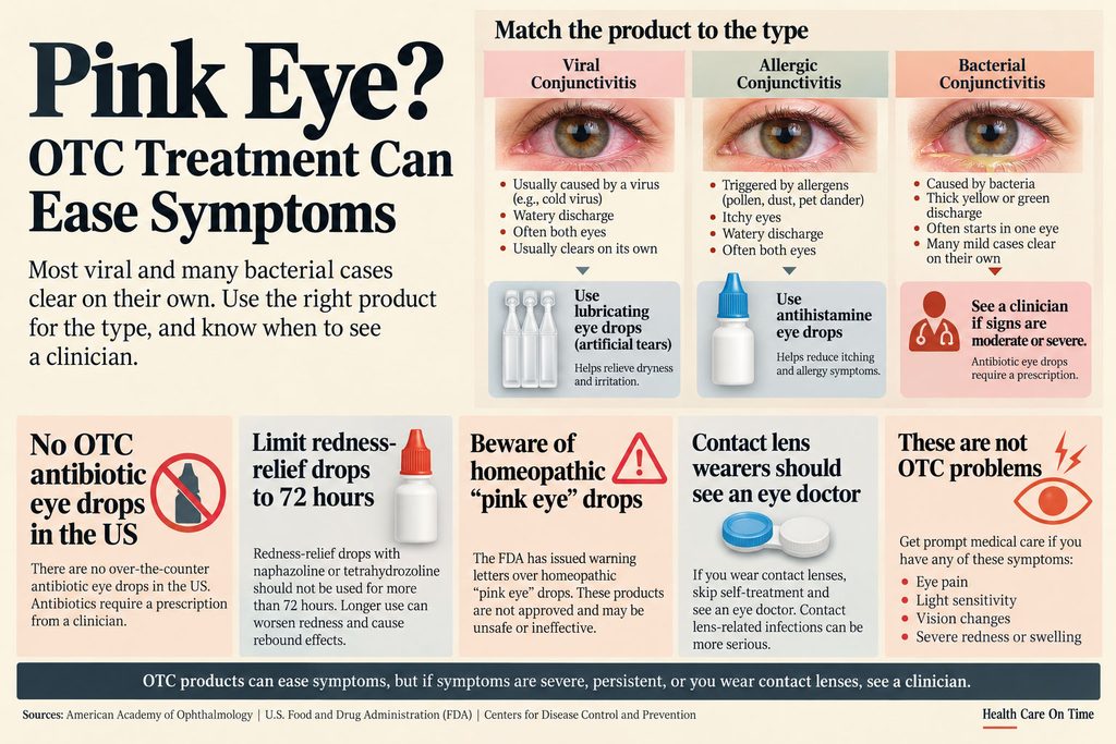 Infographic explaining pink eye types and OTC treatments with charts and icons for viral, allergic, and bacterial conjunctivitis.