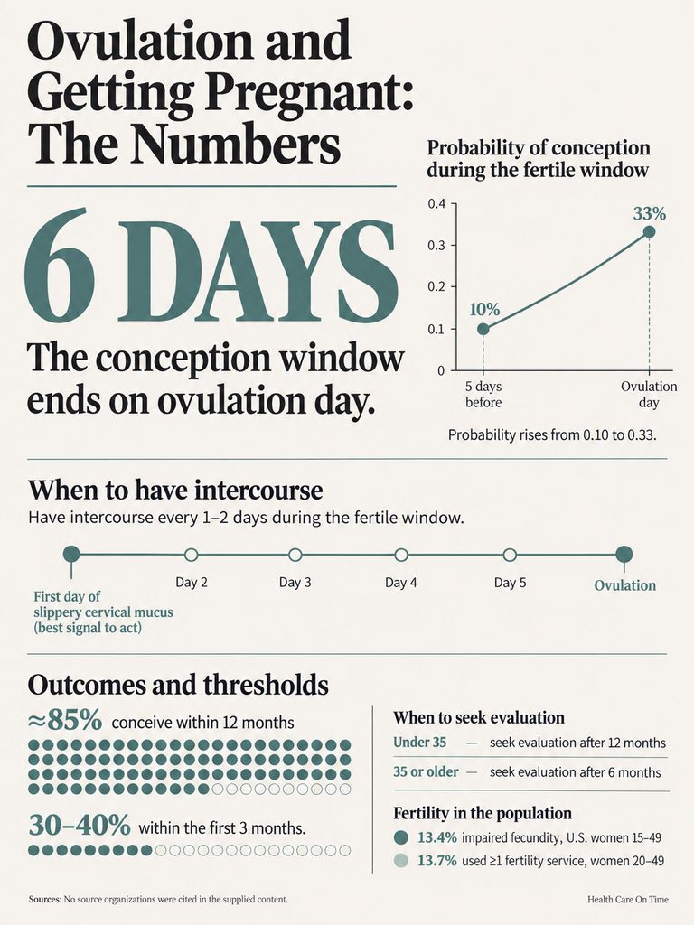 Infographic showing ovulation, conception probabilities, and fertility statistics with charts and icons.