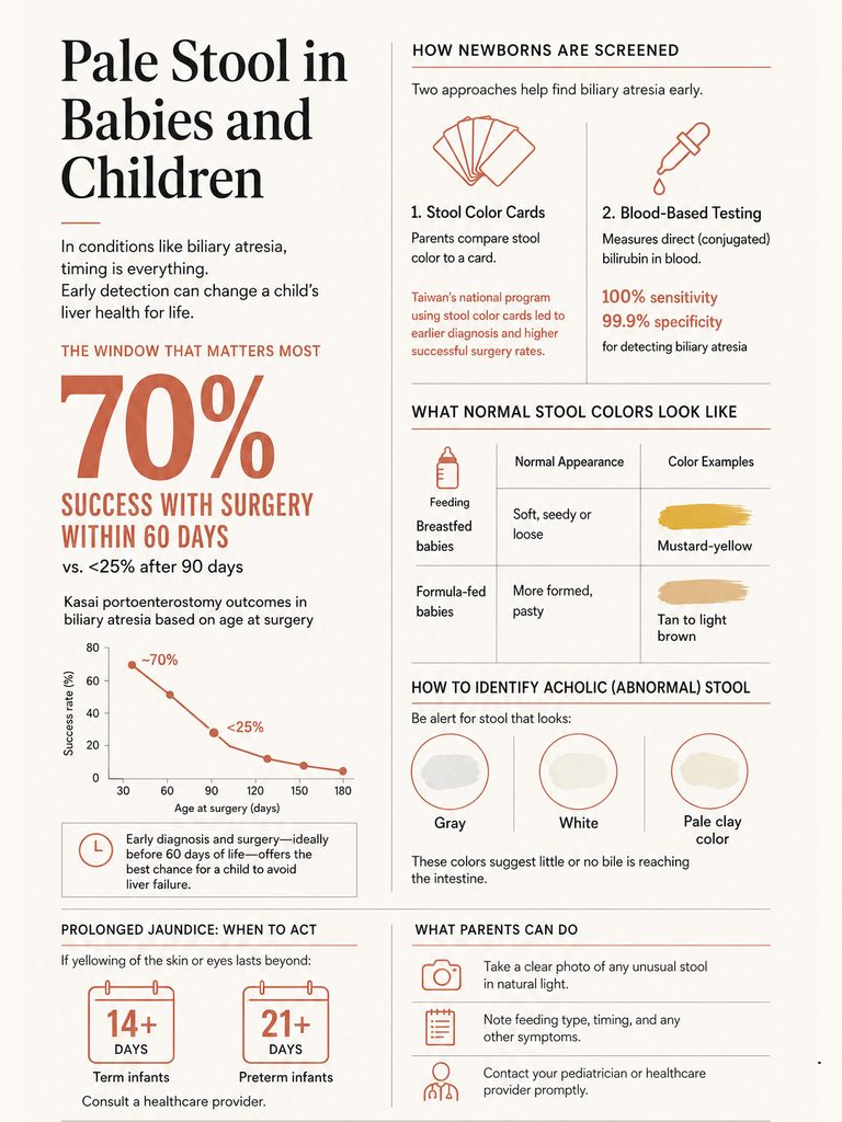 Infographic showing pale stool in babies, including stool color cards, success rates, and abnormal stool identification.