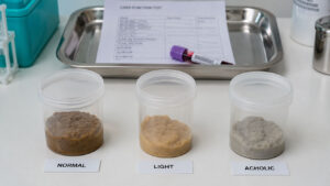 Three containers labeled Normal, Light, and Acholic hold different colored samples on a lab table.