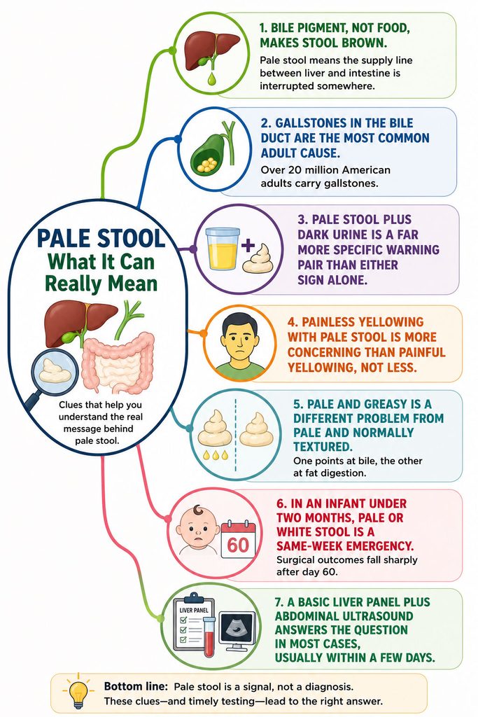 Infographic explaining causes of pale stool with illustrations, statistics, and key health warnings.