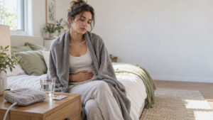 A woman in a gray blanket sits on a bed, holding her stomach with a pained expression in a cozy room.