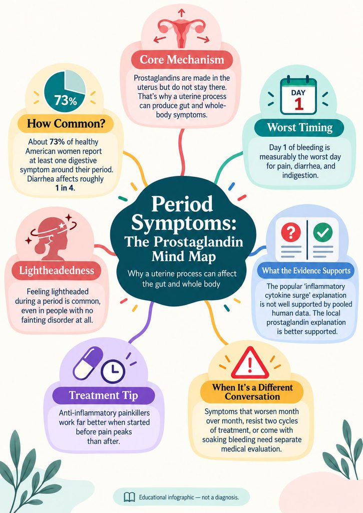 Infographic showing period symptoms, including statistics, treatment tips, and explanations of prostaglandins.