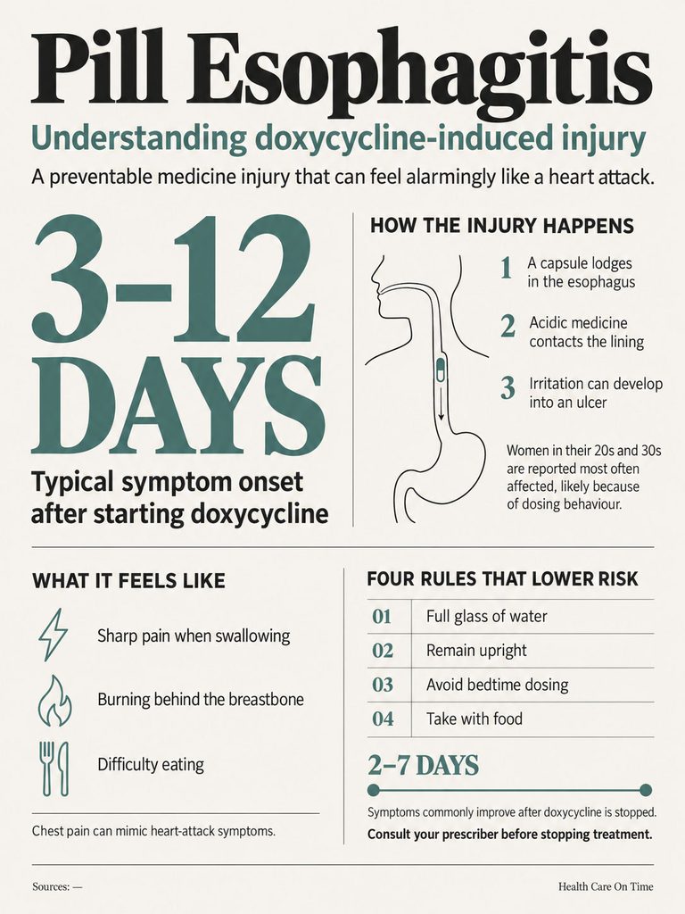 Infographic explaining pill esophagitis, symptoms, and prevention tips related to doxycycline use.