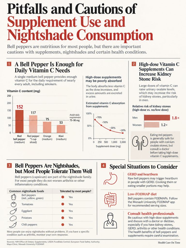 Infographic showing vitamin C content in bell peppers, risks of high-dose supplements, and nightshade food tolerability.