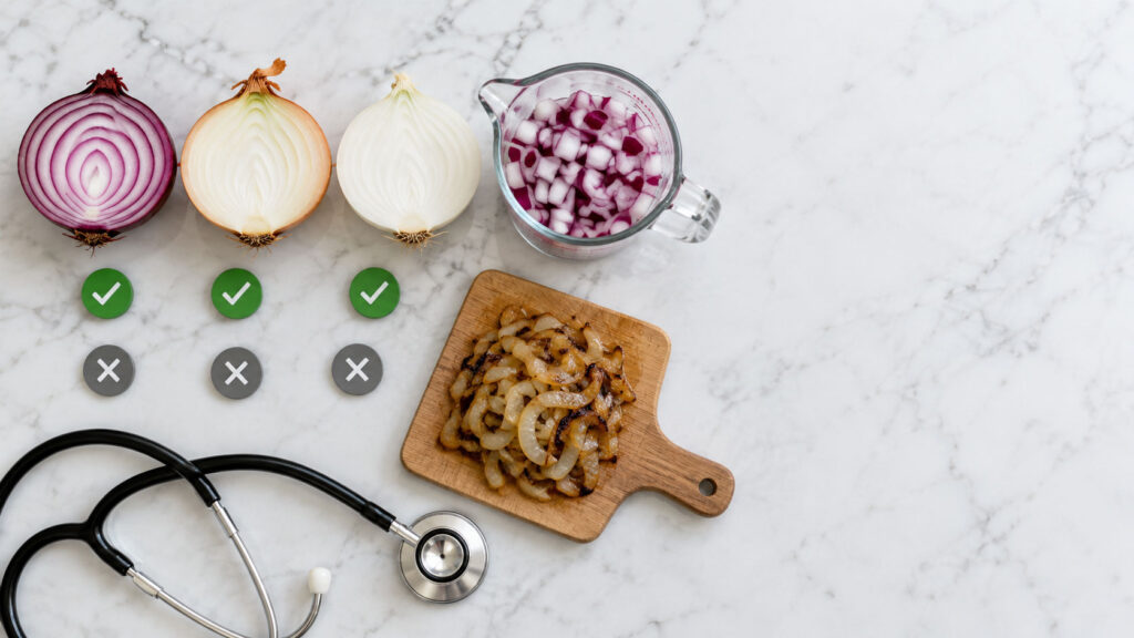 Three halved onions and a bowl of diced onions on a marble surface with check and cross markers and a stethoscope.