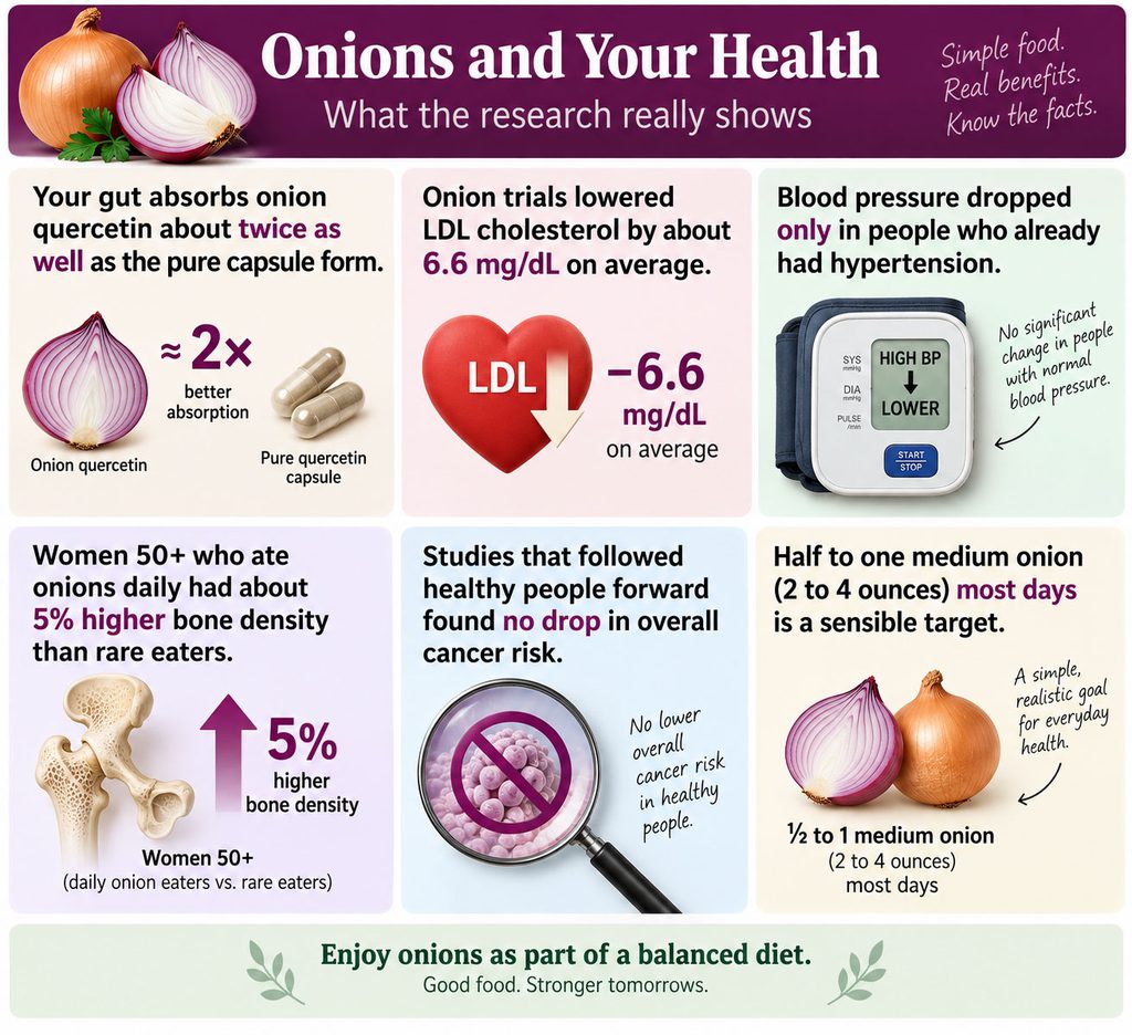 Infographic on onion health benefits, showing quercetin absorption, LDL cholesterol reduction, and bone density statistics.