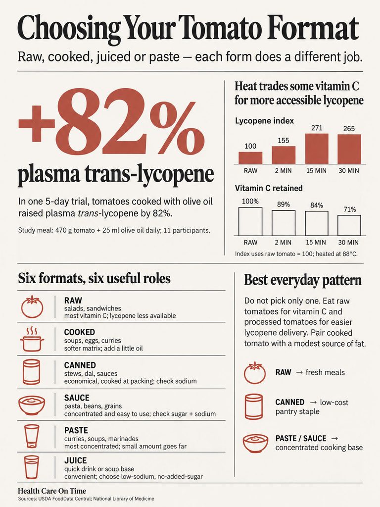 Infographic showing tomato formats and their health benefits, including lycopene and vitamin C data.