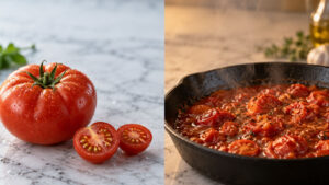 A fresh, ripe tomato with droplets sits next to halved cherry tomatoes on a marble surface, alongside a steaming skillet of tomato sauce.