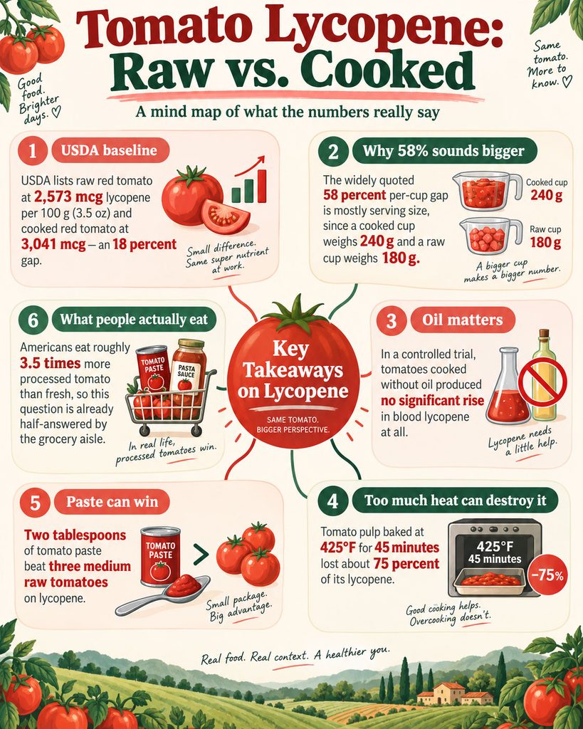 Infographic comparing lycopene levels in raw vs. cooked tomatoes with charts and key takeaways.