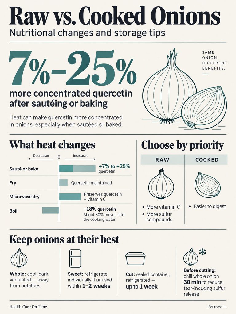 Infographic comparing raw and cooked onions, highlighting quercetin changes and storage tips.
