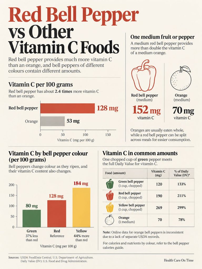 Infographic comparing vitamin C content in red bell pepper, orange, and other bell pepper colors with charts and data.
