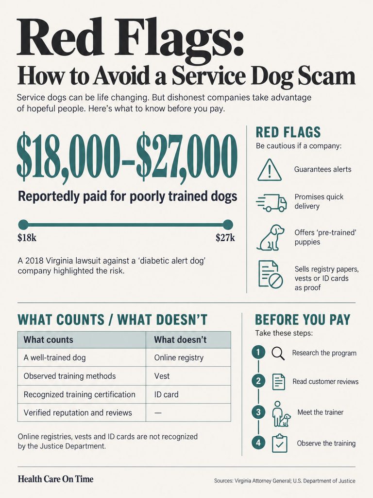 Infographic on avoiding service dog scams, detailing costs, red flags, and what to verify before payment.
