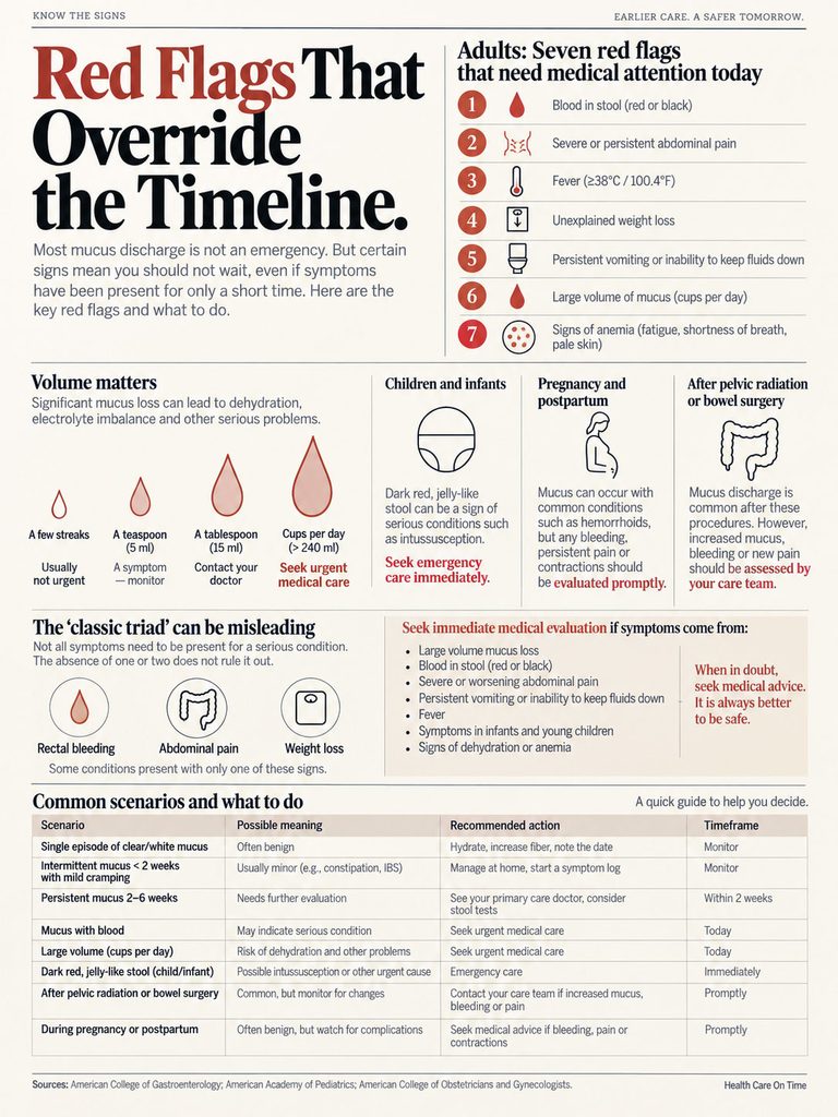 Infographic detailing red flags for mucus discharge, including symptoms, scenarios, and recommended actions for adults and children.