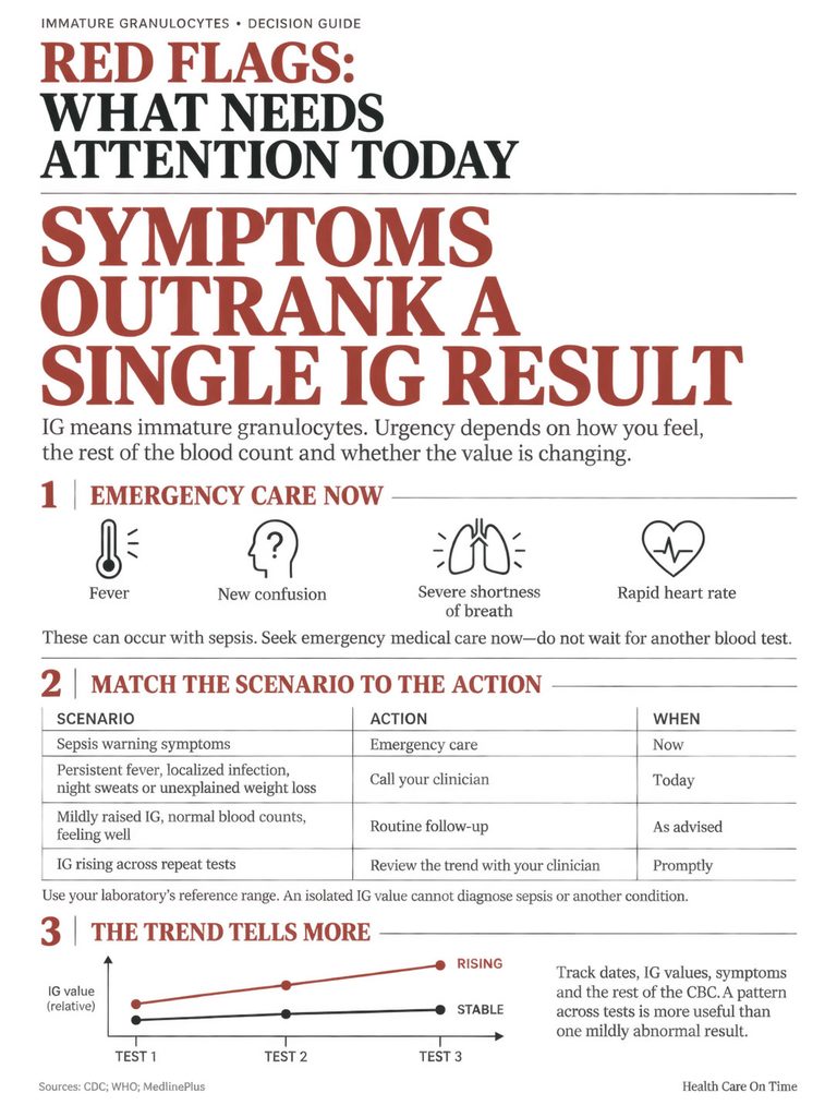 Infographic on red flags for sepsis, detailing symptoms and actions based on IG value trends.