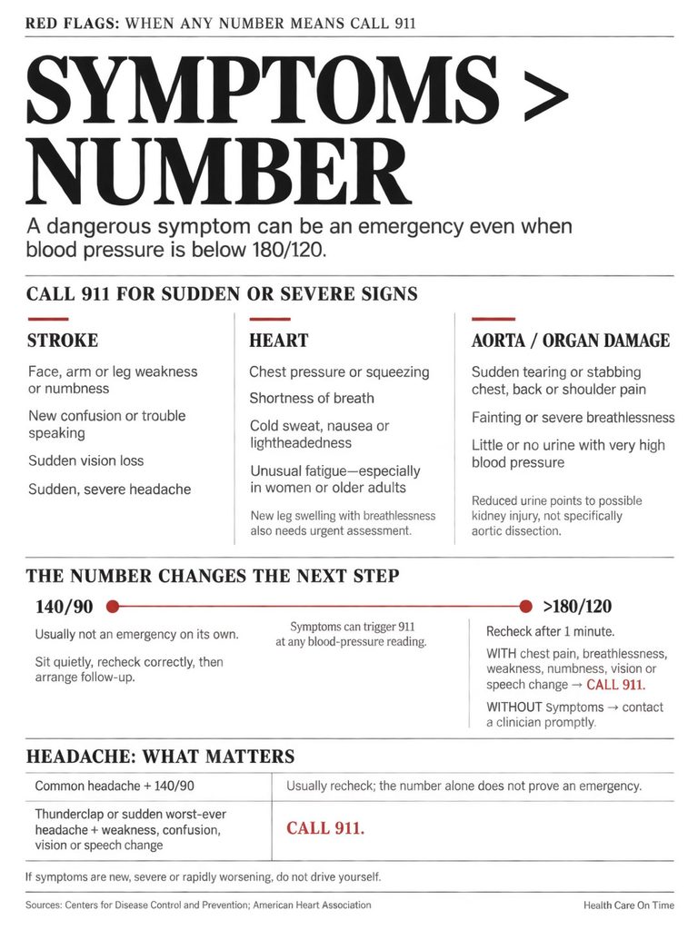 Infographic detailing emergency symptoms and blood pressure thresholds for calling 911, including stroke and heart signs.