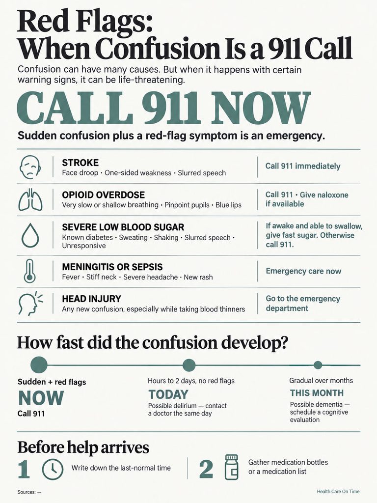 Infographic detailing red flags for confusion emergencies, including symptoms and actions to take.