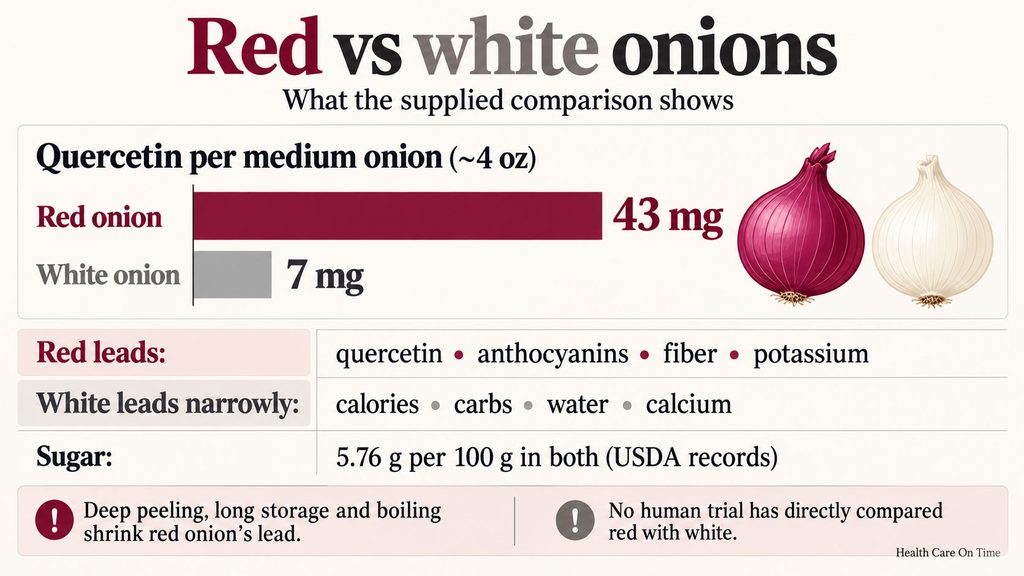 Comparison of quercetin levels in red and white onions with illustrations of each onion type. Infographic.