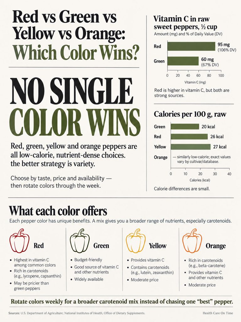 Infographic comparing red, green, yellow, and orange peppers on vitamin C and calorie content, highlighting benefits.