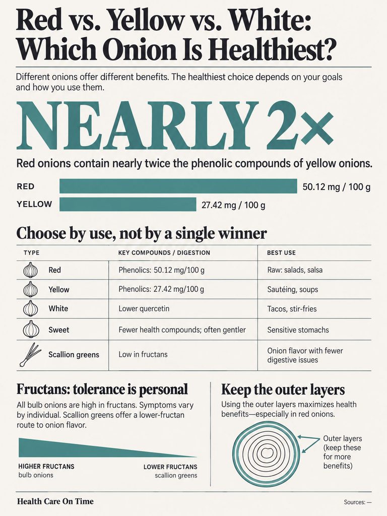 Infographic comparing health benefits of red, yellow, white, and sweet onions with phenolic content data.