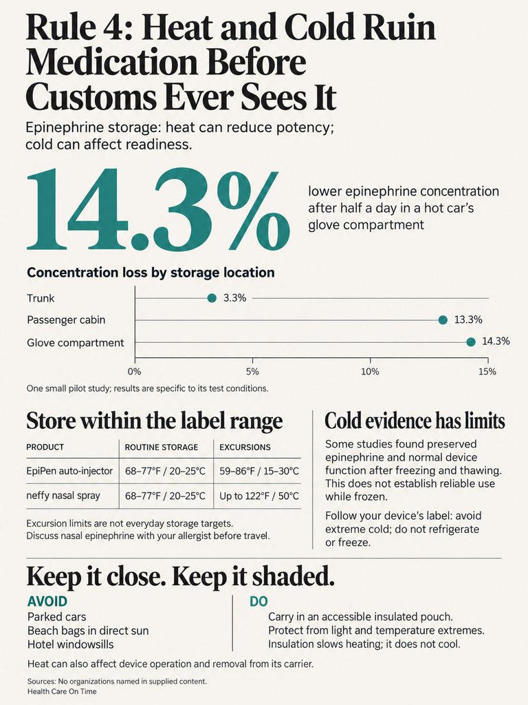 Infographic showing epinephrine storage guidelines, concentration loss by location, and safe storage practices.