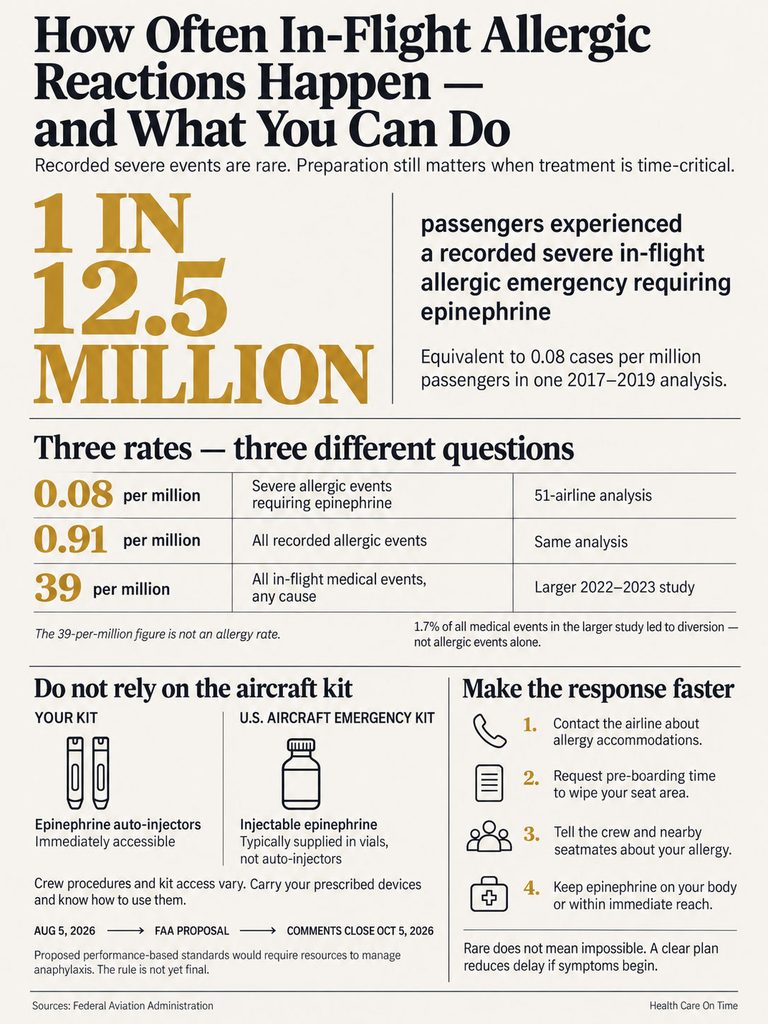 Infographic showing in-flight allergic reactions statistics and emergency response tips, including epinephrine use.