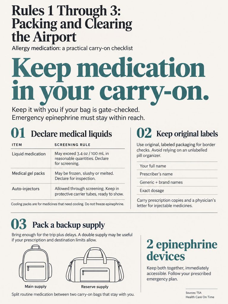 Infographic detailing carry-on medication rules, including liquid declaration, label retention, and backup supplies.