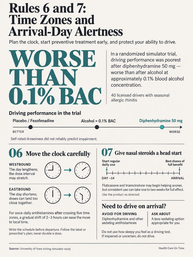 Infographic on time zones and alertness, showing driving performance data and tips for managing drowsiness.