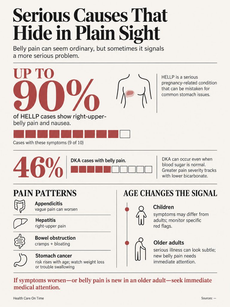 Infographic showing serious causes of belly pain, highlighting statistics for HELLP and DKA cases, and pain patterns.