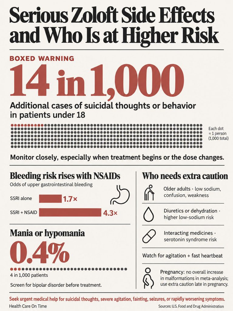 Infographic detailing Zoloft side effects, risks, and caution for specific patient groups with statistics and icons.