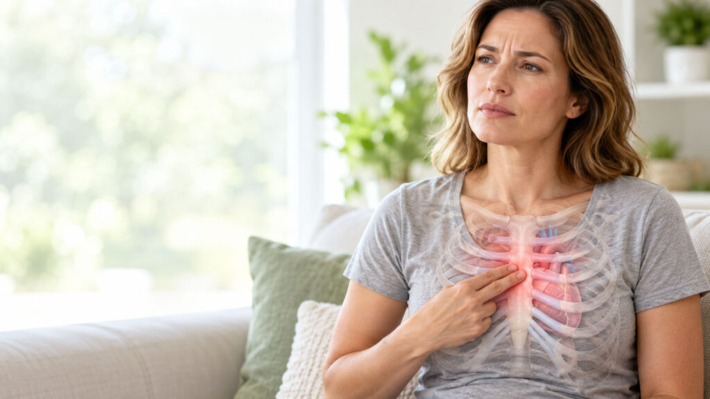 A woman in a gray shirt points to her chest, showing an overlay of ribcage and heart anatomy with a red highlight.