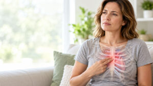 A woman in a gray shirt points to her chest, showing an overlay of ribcage and heart anatomy with a red highlight.