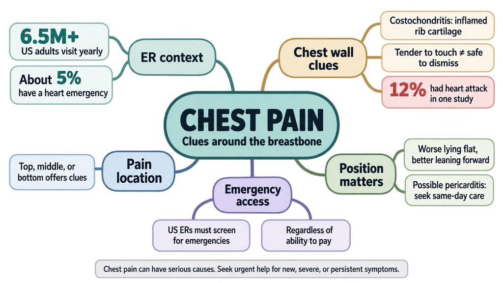 Infographic on chest pain, detailing emergency context, pain location, and clues with statistics and advice.