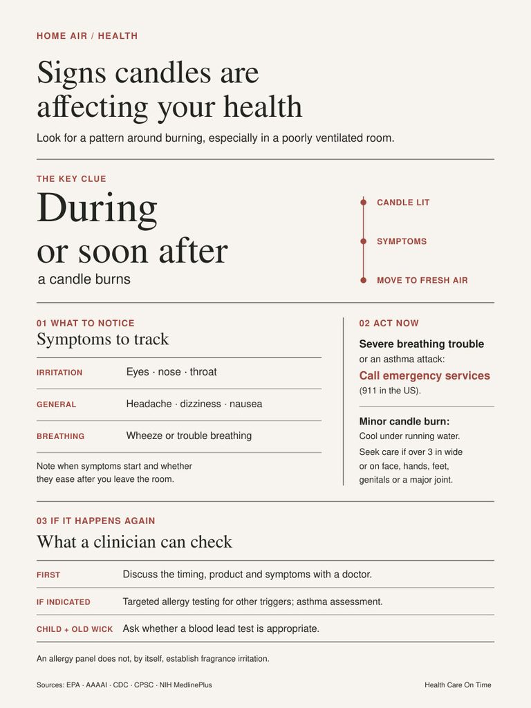 Infographic detailing health effects of candles, symptoms to track, and actions to take during burning.
